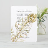 Gold Glam Peacock Feather Wedding Einladung (Stehend Vorderseite)