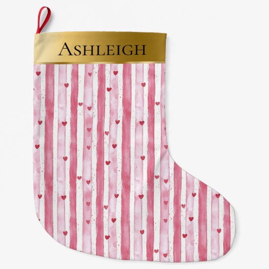 Gold Glam Pink Weißes Herz Streifen Weihnachten Großer Weihnachtsstrumpf (Vorderseite)