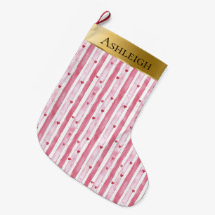 Gold Glam Pink Weißes Herz Streifen Weihnachten Großer Weihnachtsstrumpf