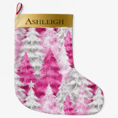 Gold Glam Pink White Christmas Trees Großer Weihnachtsstrumpf (Vorderseite)