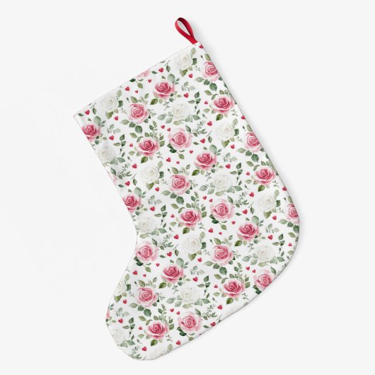 Gold Glam Pink White Floral Hearys Weihnachten Großer Weihnachtsstrumpf (Rückseite (Hängend))