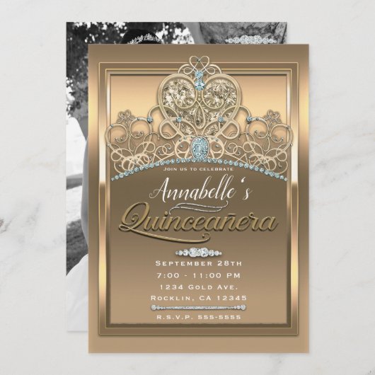 Gold Glam Princess Heart Tiara Quinceañera Foto Einladung (Vorne/Hinten)