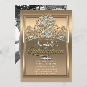 Gold Glam Princess Heart Tiara Quinceañera Foto Einladung