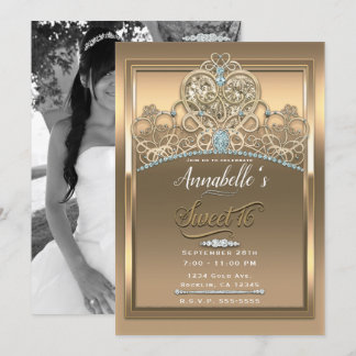 Gold Glam Princess Herz Tiara Sweet 16 Foto Einladung