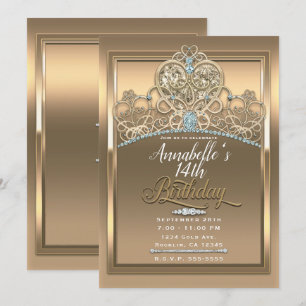 Gold Glam Prinzessin Herz Diadem Geburtstagsfeier Einladung