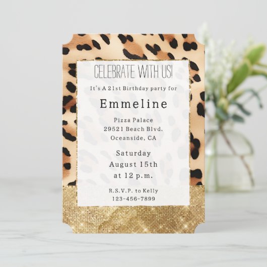 Gold Glam Sparkle Cream Leopard Einladung (Stehend Vorderseite)