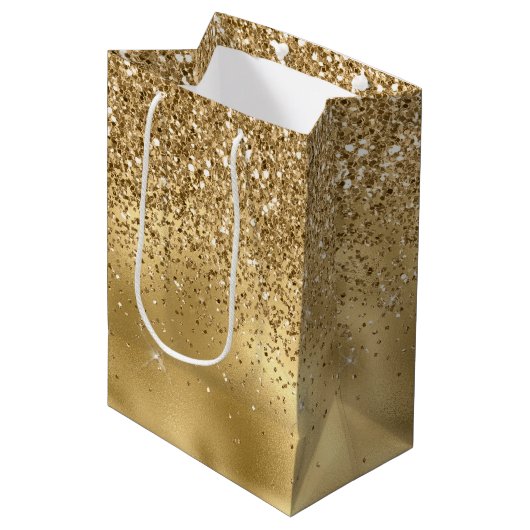 Gold Glam Sparkle Imitats Glitzer Mittlere Geschenktüte (Vorderseite Schrägansicht)