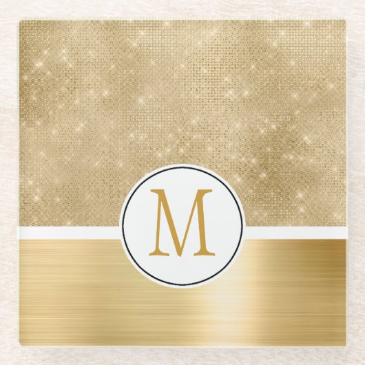 Gold Glam Sparkle Monogram Glasuntersetzer (Vorderseite)