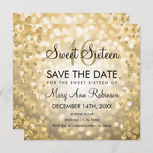 Gold Glam Sweet 16 16 Glitzer Lights Einladung (Vorne/Hinten)