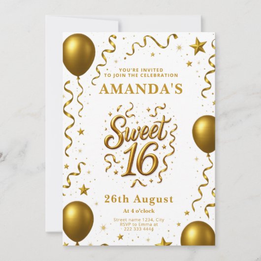 Gold Glam Sweet 16 Birthday Party Einladung (Vorderseite)