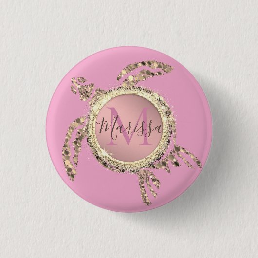 Gold Glam Turtle Monogram Button (Vorderseite)