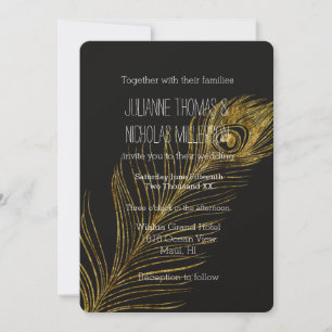 Gold Glam und Black Peacock Feather Wedding Einladung