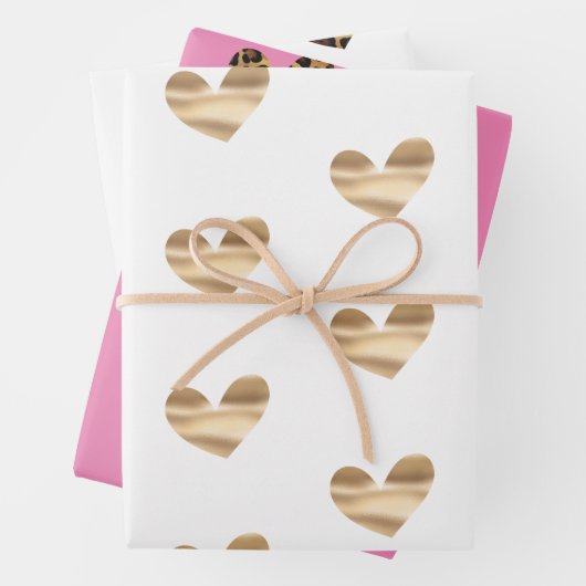 Gold-Glam und Leopard-Herzen in Weiß und Rosa Geschenkpapier Set (Beispiel)
