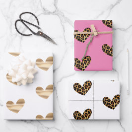 Gold-Glam und Leopard-Herzen in Weiß und Rosa Geschenkpapier Set