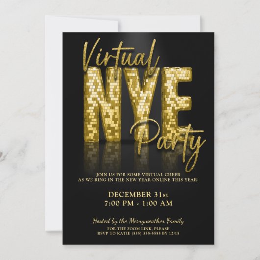 Gold Glam Virtual Silvester Party Einladung (Vorderseite)