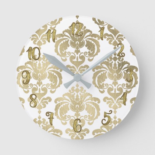 Gold Glam & White Damask Modern Personalisiert Runde Wanduhr (Vorderseite)