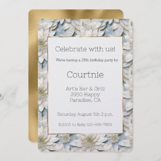 Gold Glam White Lotus Blume Geburtstag Einladung (Vorne/Hinten)