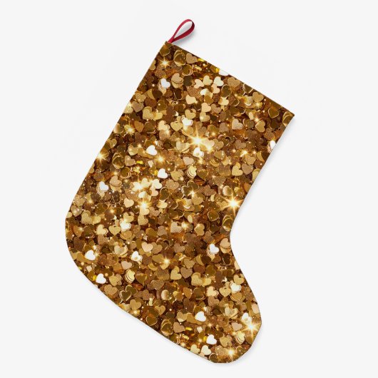Gold Glanz Glamour Funkeln Herzen Großer Weihnachtsstrumpf (Vorderansicht (hängend))