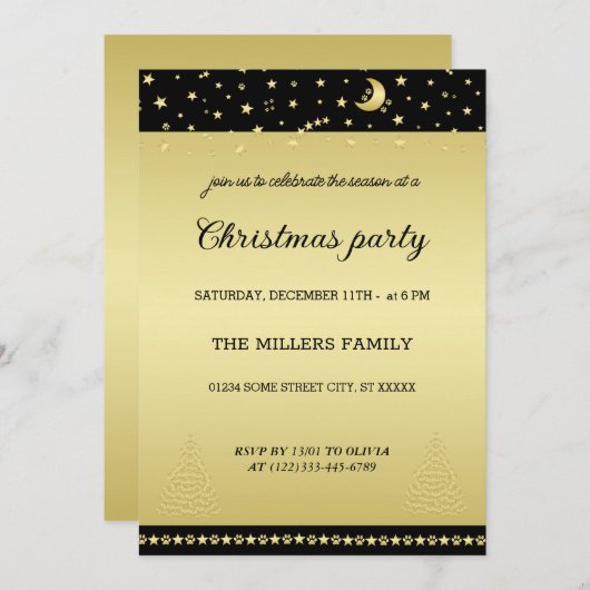 Gold glänzende Weihnachtssterne, Pfoten auf Gold u Einladung (Vorne/Hinten)