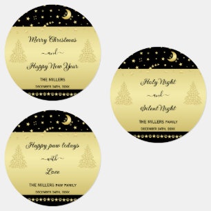 Gold glänzende Weihnachtssterne, Pfoten auf Gold u Etiketten