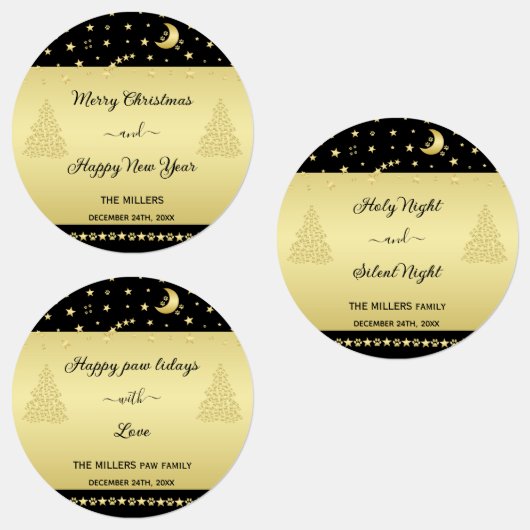 Gold glänzende Weihnachtssterne, Pfoten auf Gold u Etiketten (Gruppe)