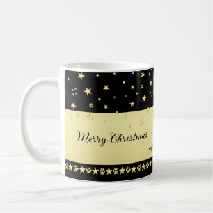 Gold glänzende Weihnachtssterne, Pfoten auf Gold u Kaffeetasse