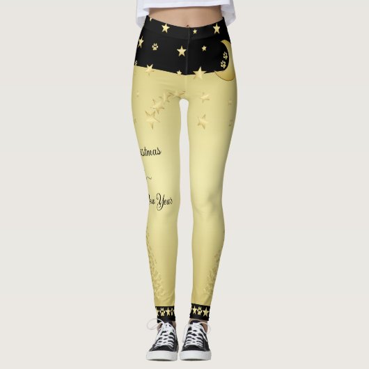Gold glänzende Weihnachtssterne, Pfoten auf Gold u Leggings (Vorderseite)