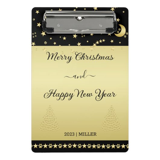 Gold glänzende Weihnachtssterne, Pfoten auf Gold u Mini Klemmbrett (Vorderseite)