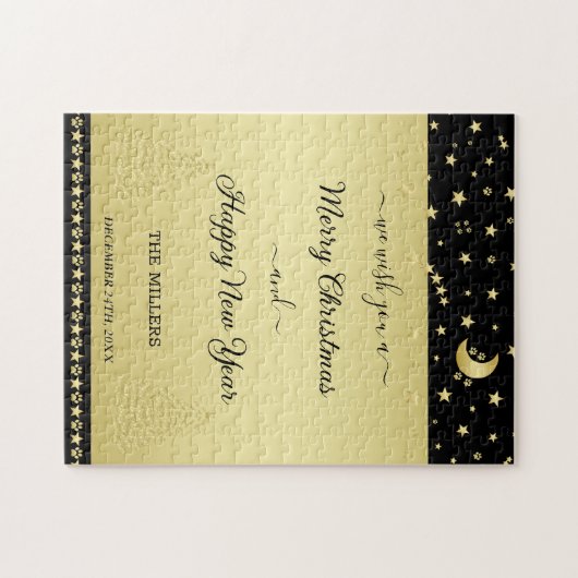 Gold glänzende Weihnachtssterne, Pfoten auf Gold u Puzzle (Horizontal)