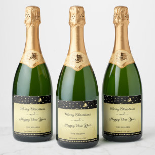 Gold glänzende Weihnachtssterne, Pfoten auf Gold u Schaumweinetikett