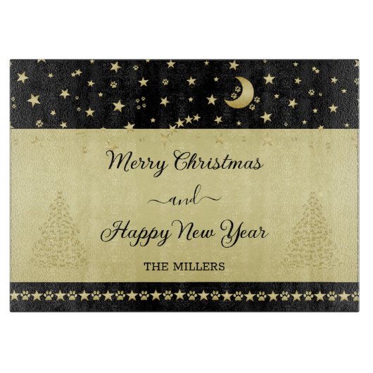 Gold glänzende Weihnachtssterne, Pfoten auf Gold u Schneidebrett (Vorderseite)