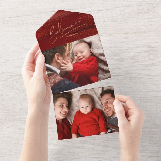 Gold glaubt Kalligrafie, Glitzern Foto - Red BG All In One Einladung (Abreißen)