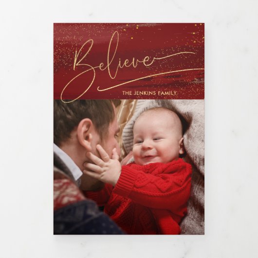 Gold glaubt Kalligrafie, Glitzern Foto - Red BG Dreifach Gefaltete Karte (Cover)