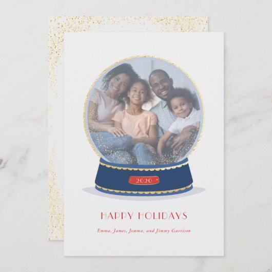Gold Glimmer Snow Globe Holiday Card Ankündigung (Vorne/Hinten)