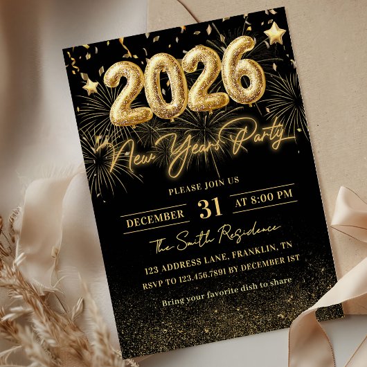 Gold Glitter 2026 Neujahrsfeier Einladung