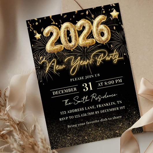 Gold Glitter 2026 New Year Party Invitation Einladung