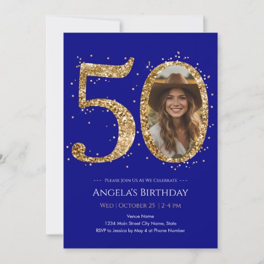 Gold Glitter 50th Birthday Photo Invitation Einladung (Vorderseite)