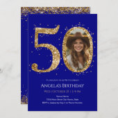 Gold Glitter 50th Birthday Photo Invitation Einladung (Vorne/Hinten)
