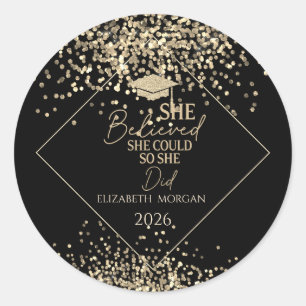 Gold Glitter Abschlusskappe, Konfetti Sie glaubte Runder Aufkleber