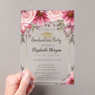 Gold Glitter Abschlusskappe, Streifen Blumenmuster Acryleinladungen