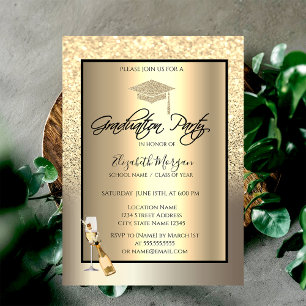 Gold Glitter Abschlusskappe, Wein, Glas Champagner Einladung