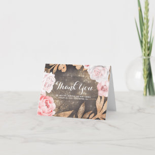 Gold Glitter and Pink Flowers Wedding Thank You Dankeskarte