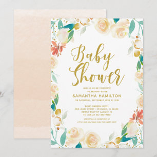 Gold Glitter Aprikot Florales Mädchen Baby Shower Einladung