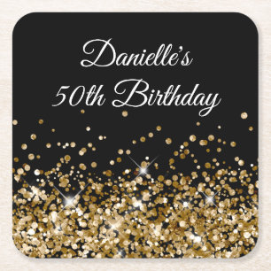 Gold Glitter auf schwarzem 50. Geburtstag Rechteckiger Pappuntersetzer