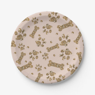 Gold Glitter Beige Rouge Pfoten Knochen Hundewelpe Pappteller