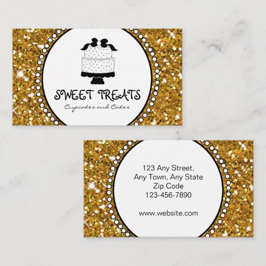 Gold Glitter Black Cake Bakery Business Cards Visitenkarte (Vorne/Hinten)