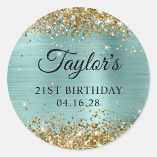 Gold Glitter Blass Türkis Folie 21. Geburtstag Runder Aufkleber