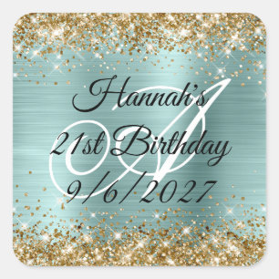 Gold Glitter Blasses Türkis Folien-Monogramm 21. G Quadratischer Aufkleber