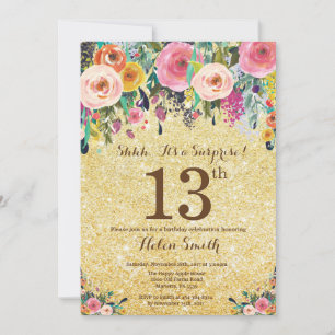 Gold Glitter Blumen Überraschung 13. Geburtstag Einladung