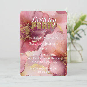Gold Glitter Blush Burgunder Blumen Geburtstag Einladung